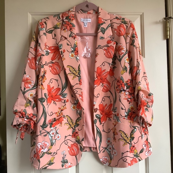 Susan Graver Printed Blazer with Ruched Sleeves Peach Floral SZ 12 - Picture 8 of 16